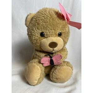 Hallmark Plush Teddy Bear‎ Tan Shaggy Fur Pink Bow Holding Pink Butterfly 9 Inch